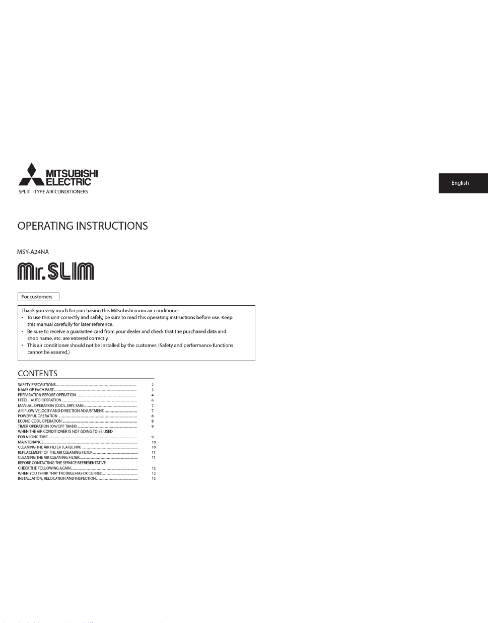 Mitsubishi Electric MR. SLIM MSYA24NA operating instructions manual
